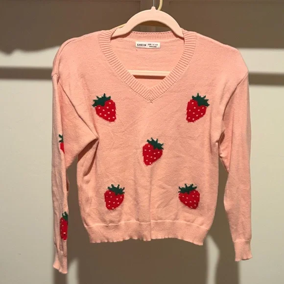 SHEIN Pink V-Neck Strawberry Sweater with Red Motifs - Picture 1 of 3